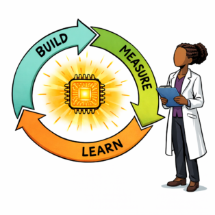A build-measure-learn loop diagram with an AI chip driving the cycle at its centre