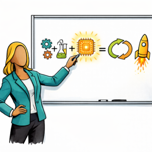 A woman points at a whiteboard formula showing methodology plus an AI chip equals a fast learning loop with a rocket
