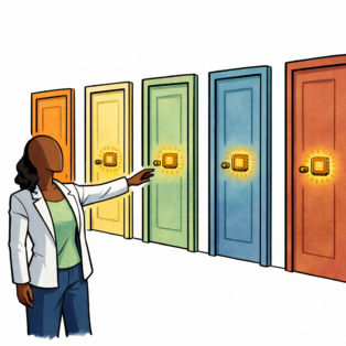 A figure reaches toward one of five doors, each with a glowing amber AI chip as the handle