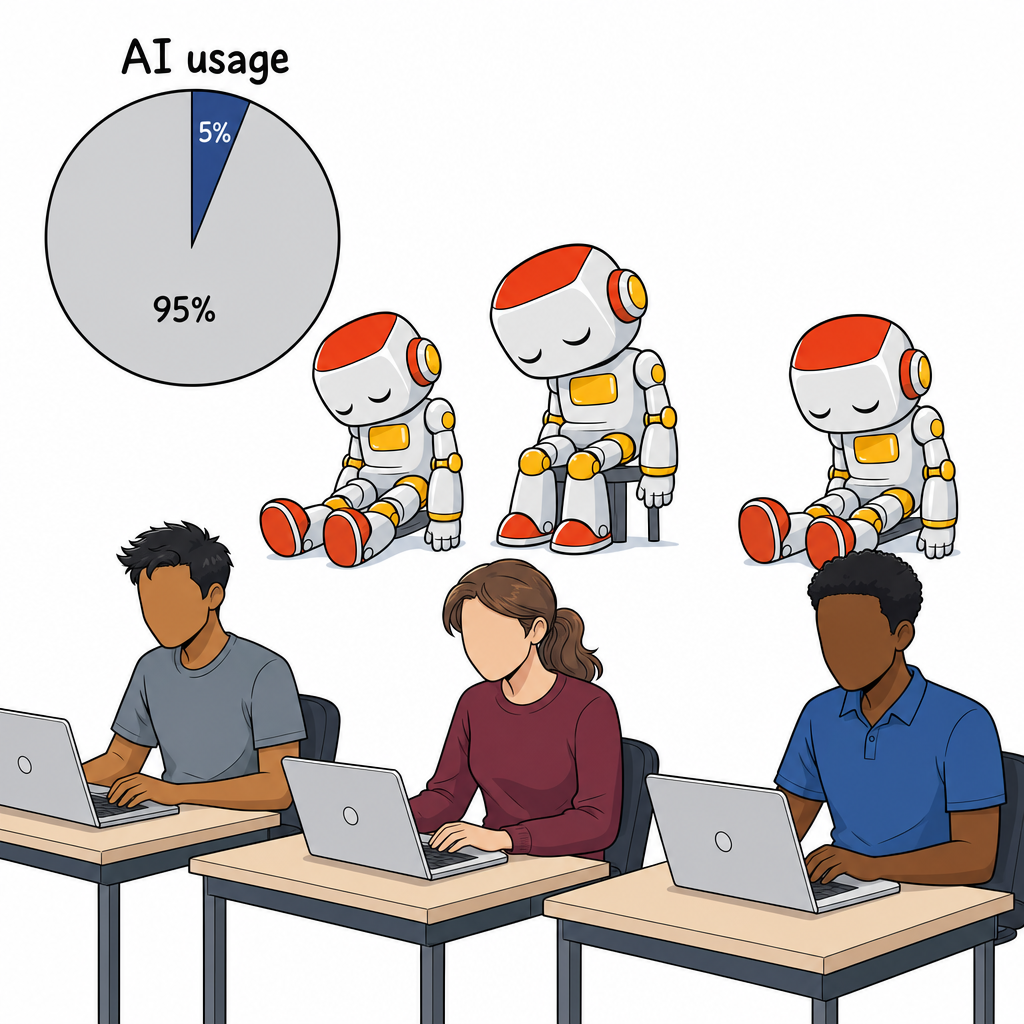 Three office workers focused on laptops while three deactivated cute Kromatic robots sit limp in the background, with a pie chart showing 5% AI usage