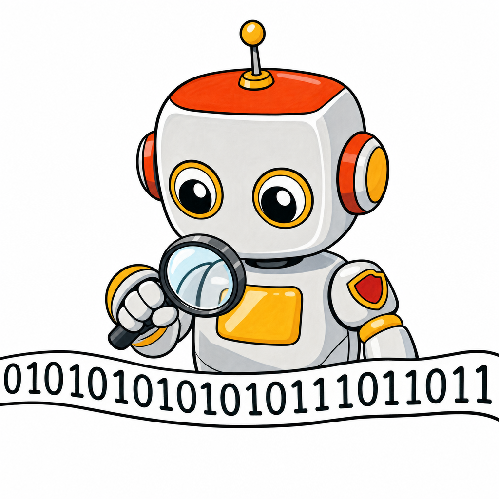 The cute Kromatic robot examining a string of binary digits with a magnifying glass