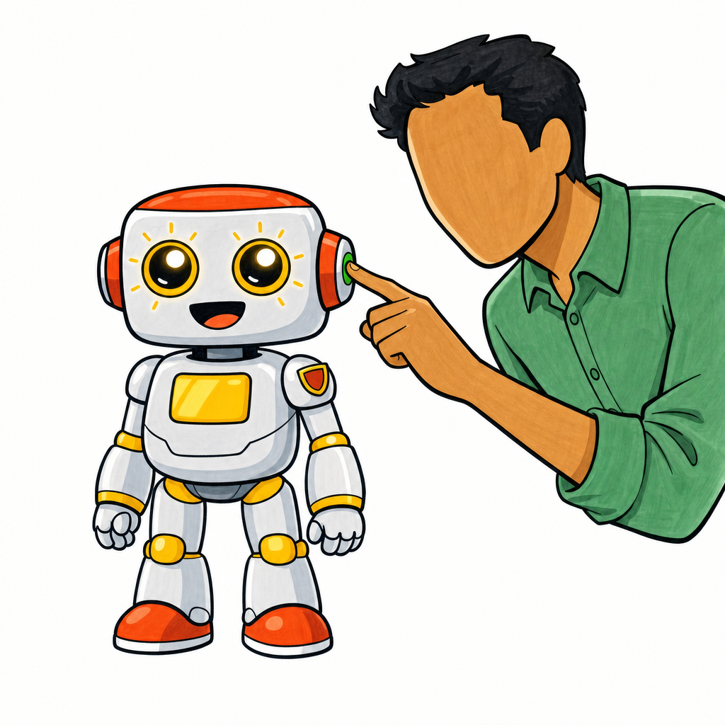 A man pressing a power button on the side of the cute Kromatic robot's head as its eyes light up