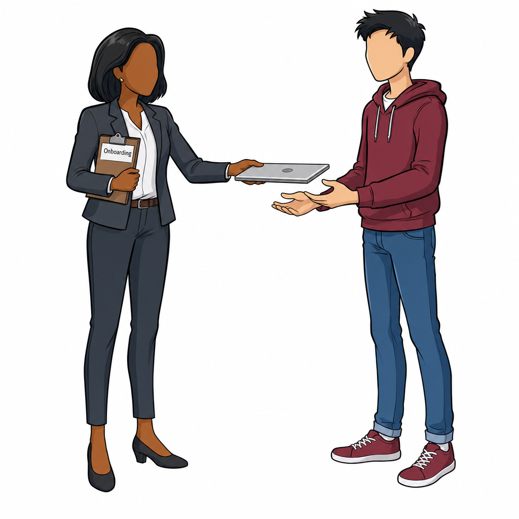 A woman in a blazer handing a closed laptop to a young man in a hoodie holding a clipboard labeled 'Onboarding'