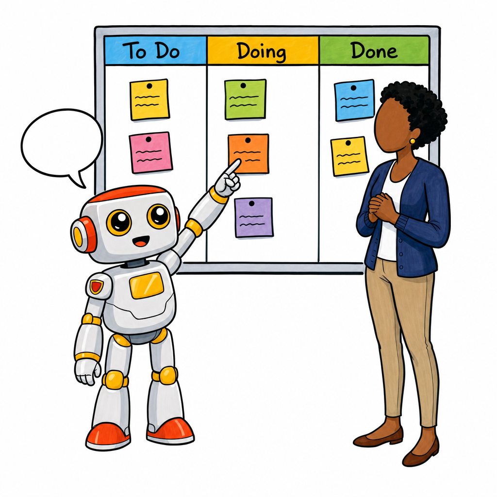 The cute Kromatic robot pointing at a card on a kanban board with three columns labeled To Do, Doing, and Done while a woman listens, an empty speech bubble above the robot