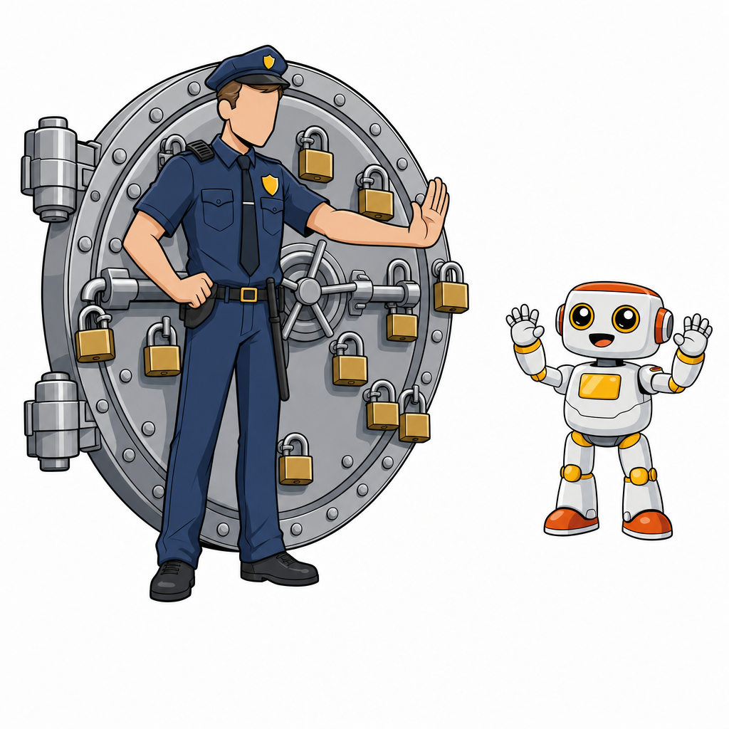 A bank-vault guard in a dark blue uniform with hand raised in a stop gesture, and the cute Kromatic robot raising both metal hands in surrender