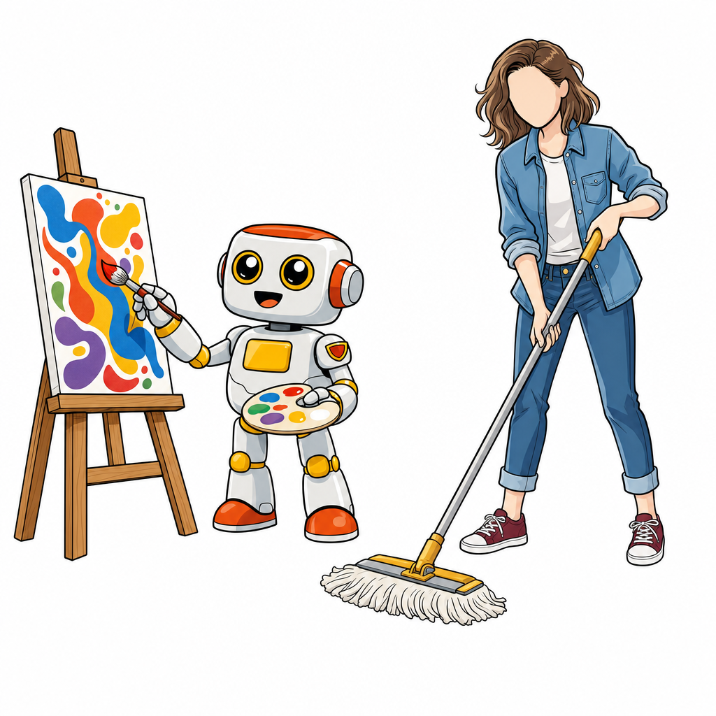 The cute Kromatic robot painting a colorful abstract picture at an easel while a tired-looking woman in a denim shirt mops the floor next to it