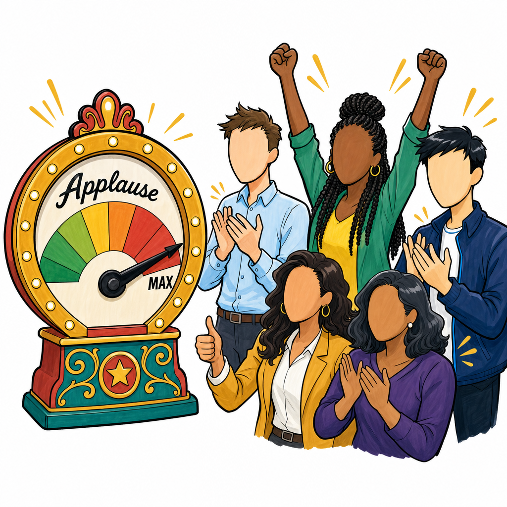 A vintage carnival applause-o-meter dial pinned all the way to MAX while five diverse customers cheer with arms raised and thumbs up