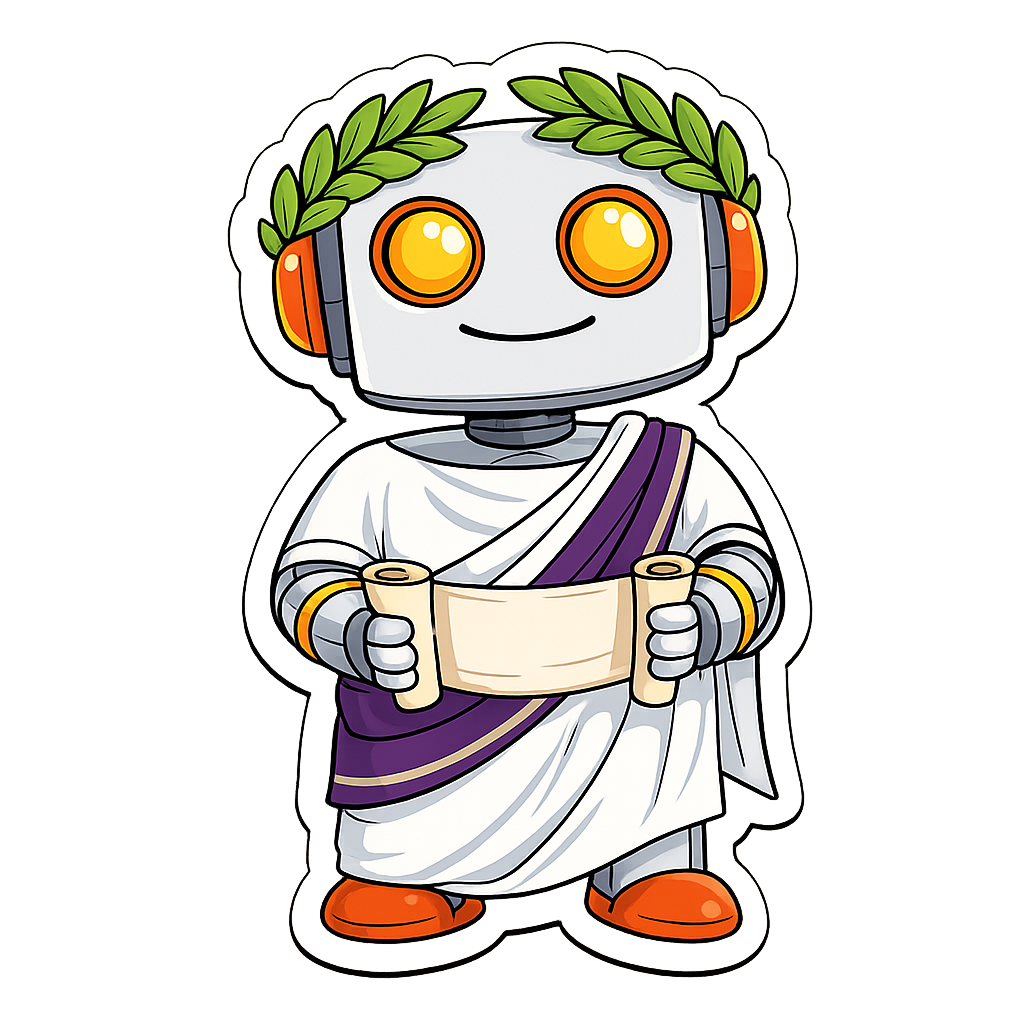 A cute Kromatic robot dressed as a Roman senator with a laurel wreath and white toga, holding a small scroll