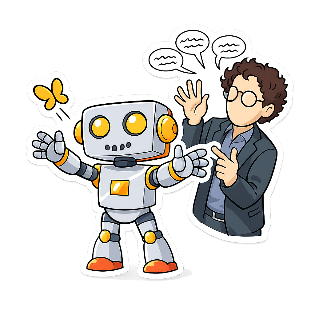 The cute Kromatic robot facing forward with arms outstretched, distracted by a butterfly while a man behind it tries to talk, surrounded by comic-strip speech panels full of squiggles