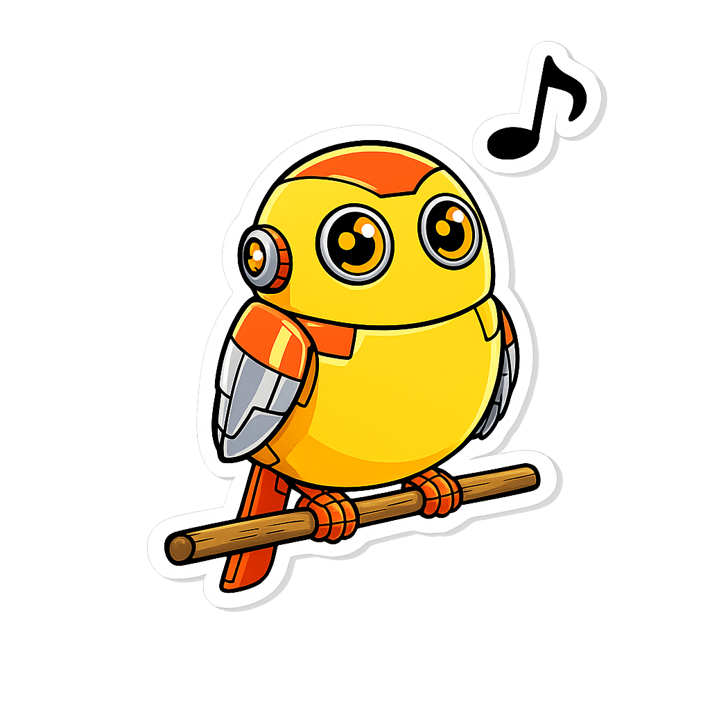 A canary-shaped version of the cute Kromatic robot perched on a wooden stick with a single musical note above its head