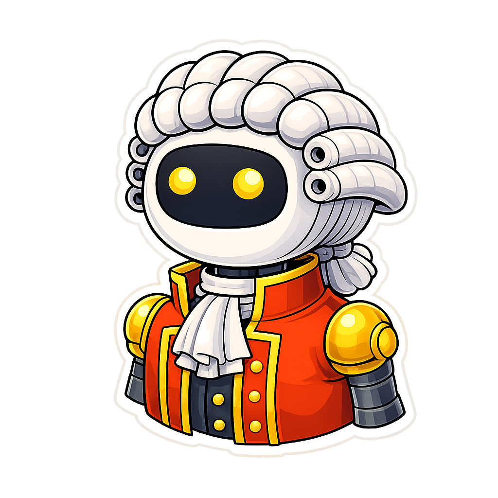 The cute Kromatic robot dressed as Voltaire in a powdered white wig and a red 18th century military coat with gold trim and white cravat