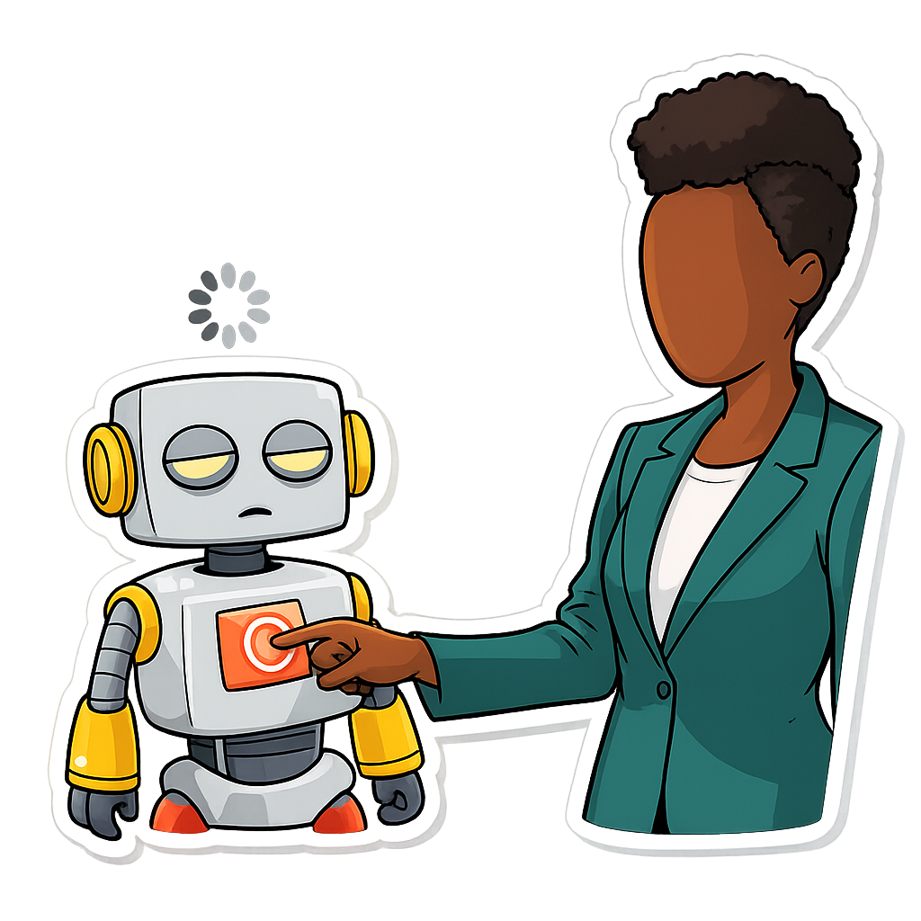 A Black woman in a structured blazer pressing a glowing red reset button on the chest of a sleepy-looking cute Kromatic robot