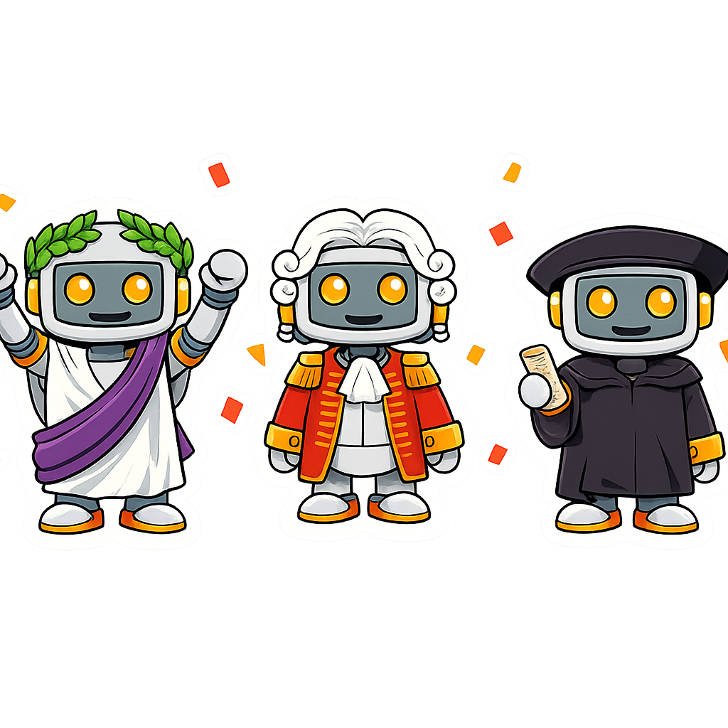 Three cute Kromatic robots celebrating: Cicero in a Roman toga and laurel wreath, Voltaire in a powdered wig and red coat, and Occam in a brown Franciscan friar's habit, with party balloons floating above