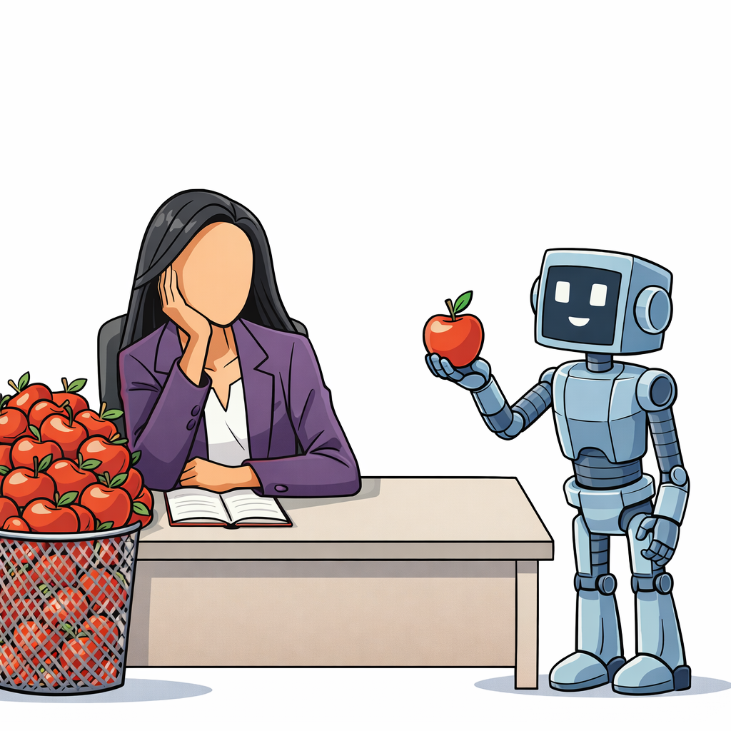 A woman looks unimpressed as a robot proudly presents her with an apple, while a trash bin overflows with dozens of identical apples from previous sessions
