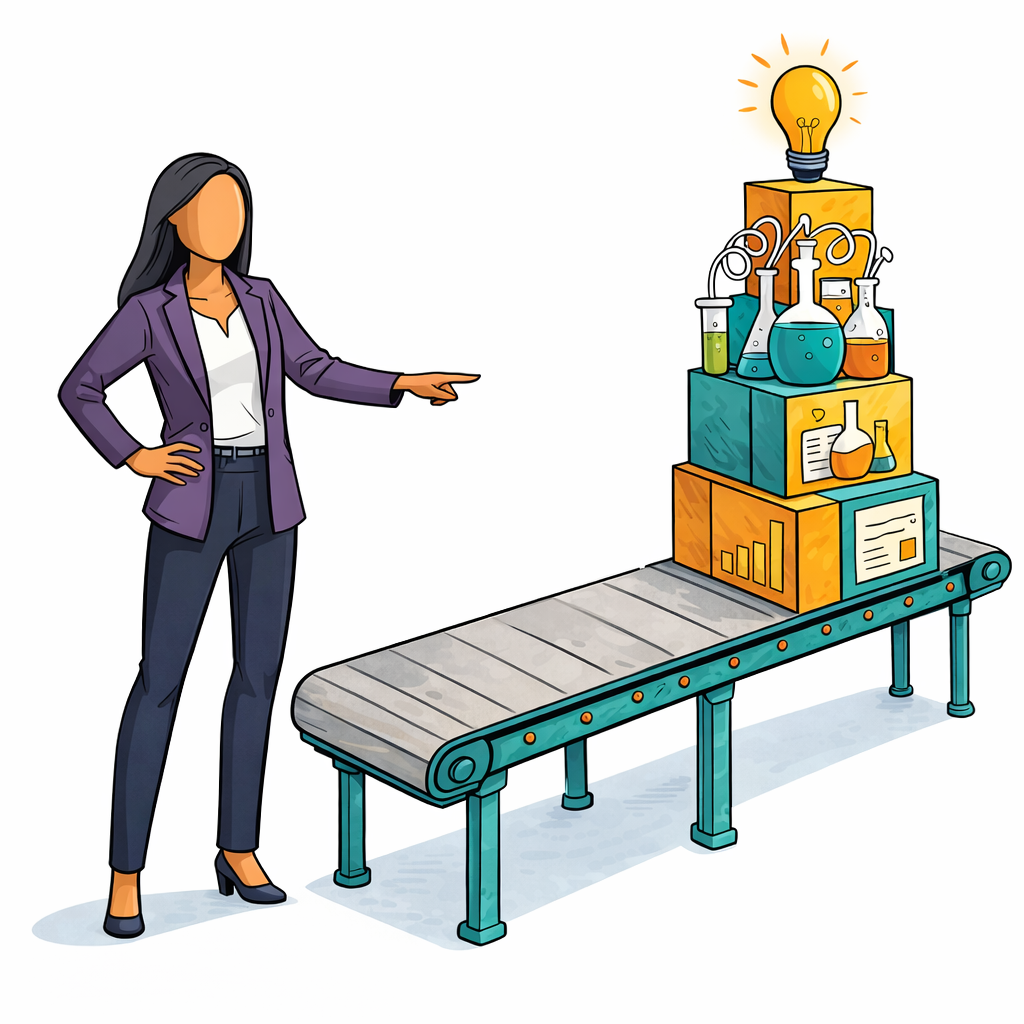 A woman stands next to a conveyor belt where experiment results stack and compound upward like building blocks