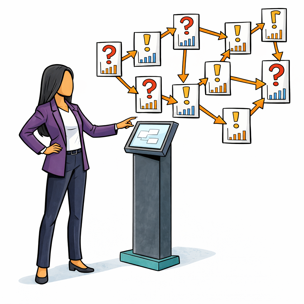 A woman stands at a terminal projecting a web of connected experiment cards forming a knowledge graph