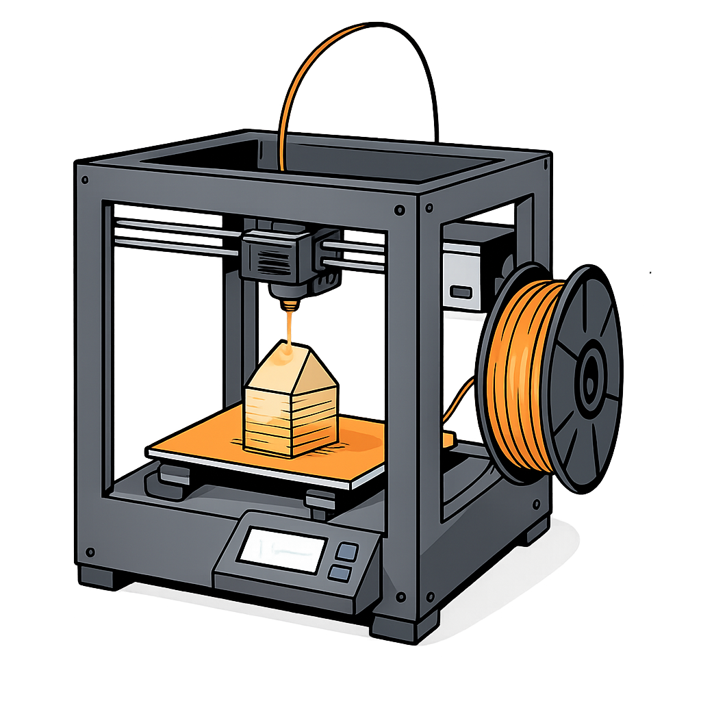 A 3D printer extruding a small product prototype on its bed while two designers inspect a finished print