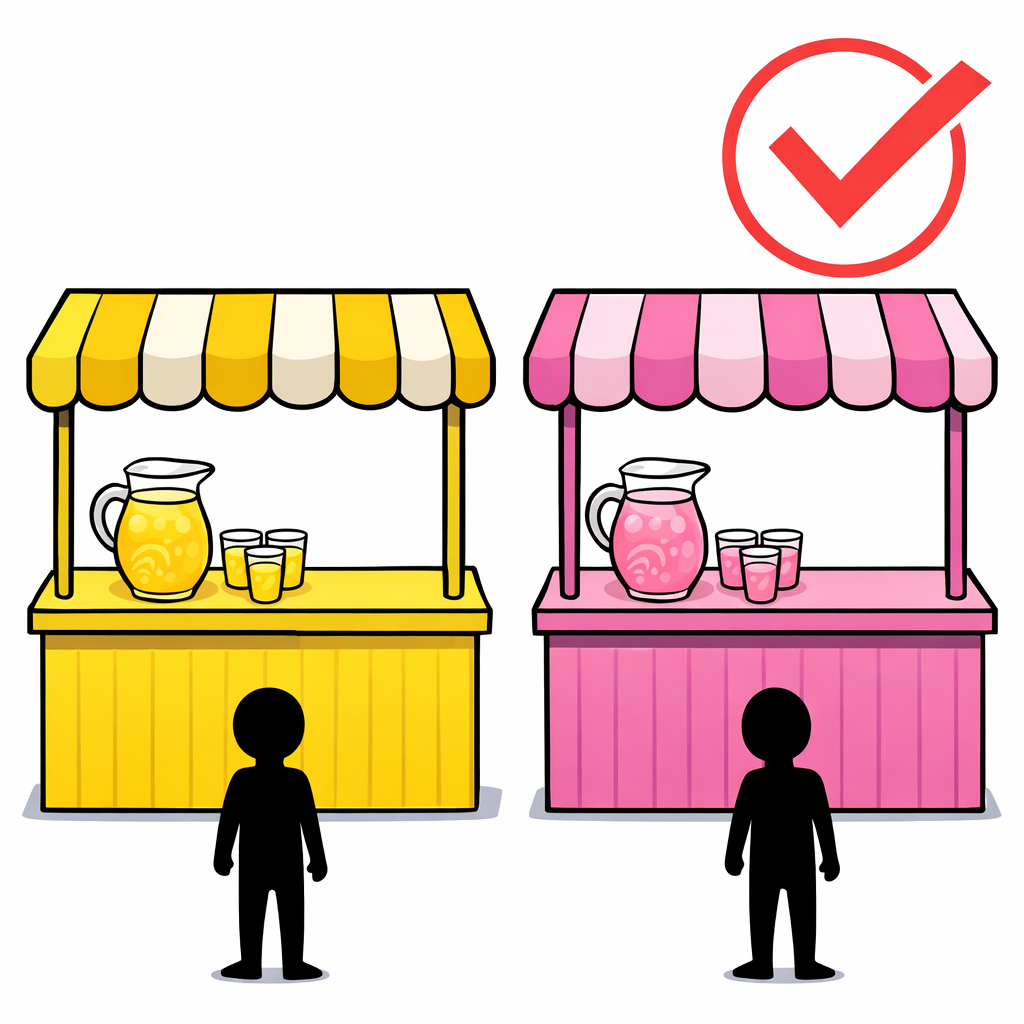 Two side-by-side lemonade stands with a checkmark indicating the winner