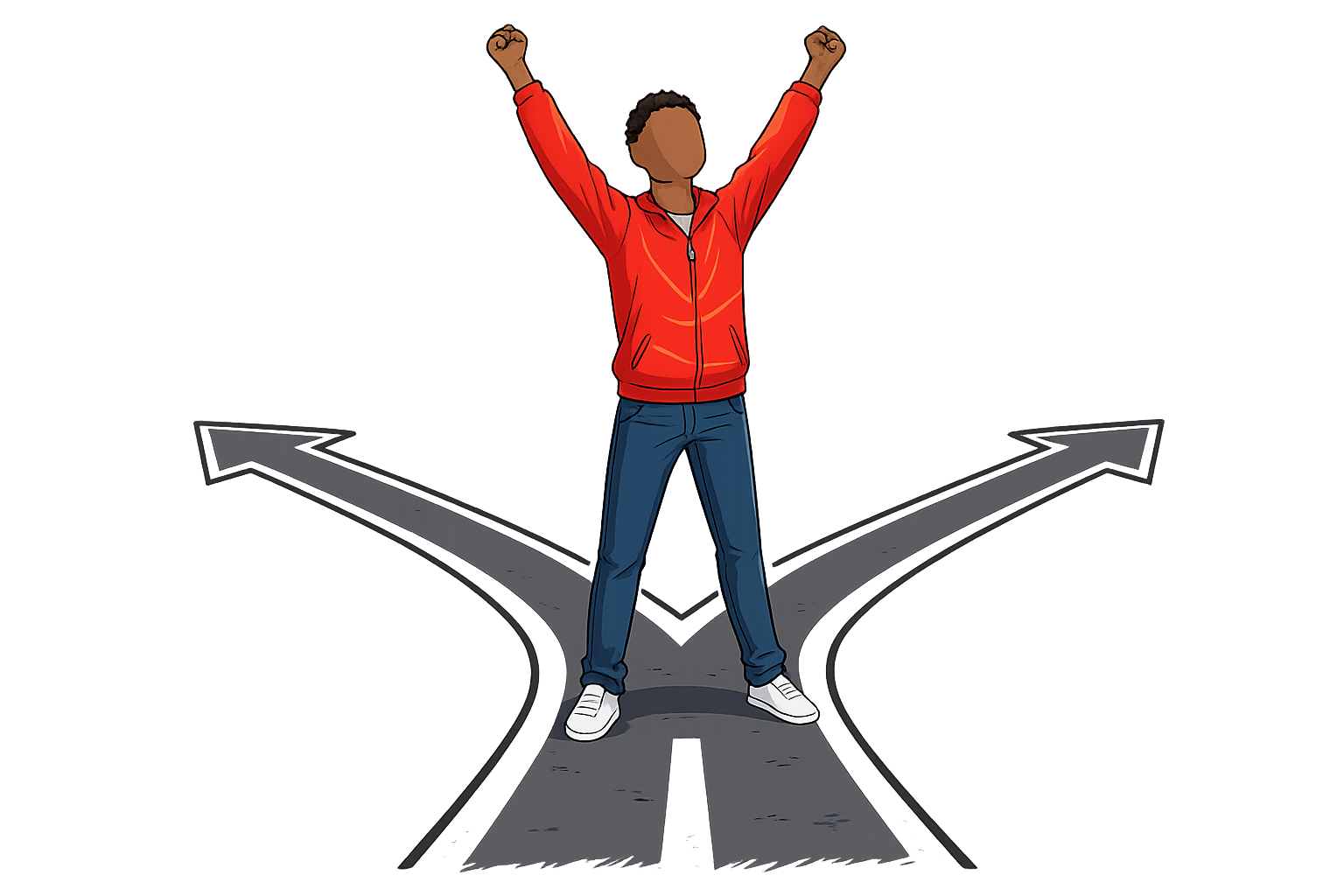 A figure standing triumphantly at a Y-shaped crossroads with arms raised in a victory V, two diverging paths receding to the left and right