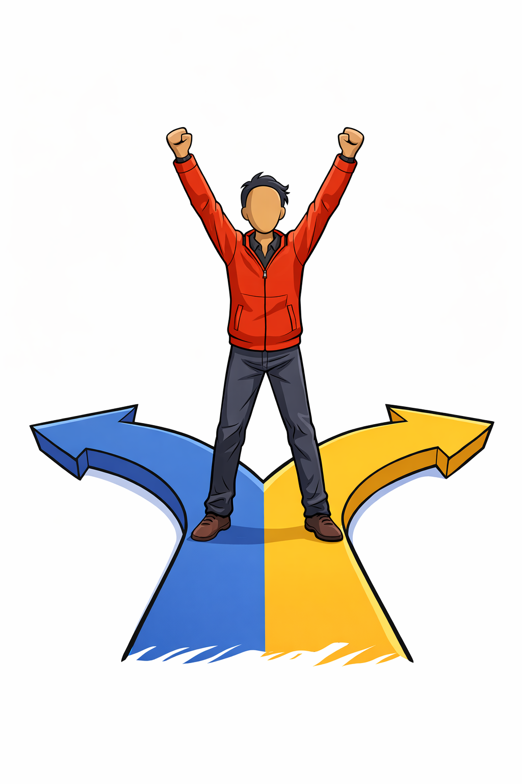 A figure standing triumphantly at a crossroads with arms raised