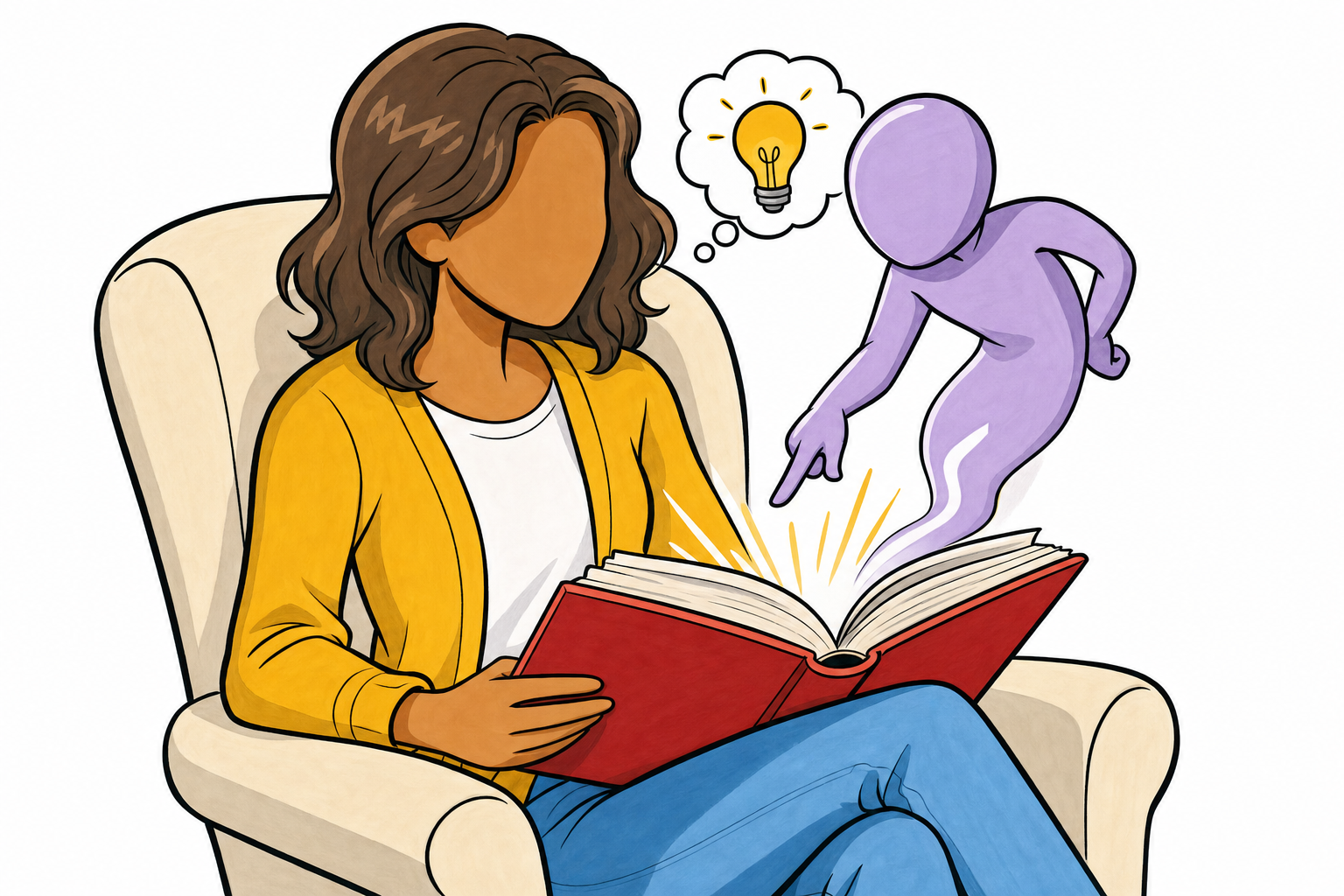 A reader sits in an armchair with an open book on their lap; a small friendly AI helper figure hovers above the open pages, leaning toward the reader and gesturing at the page with a lightbulb thought bubble between them — visual joke that the AI assistant emerges from the book itself