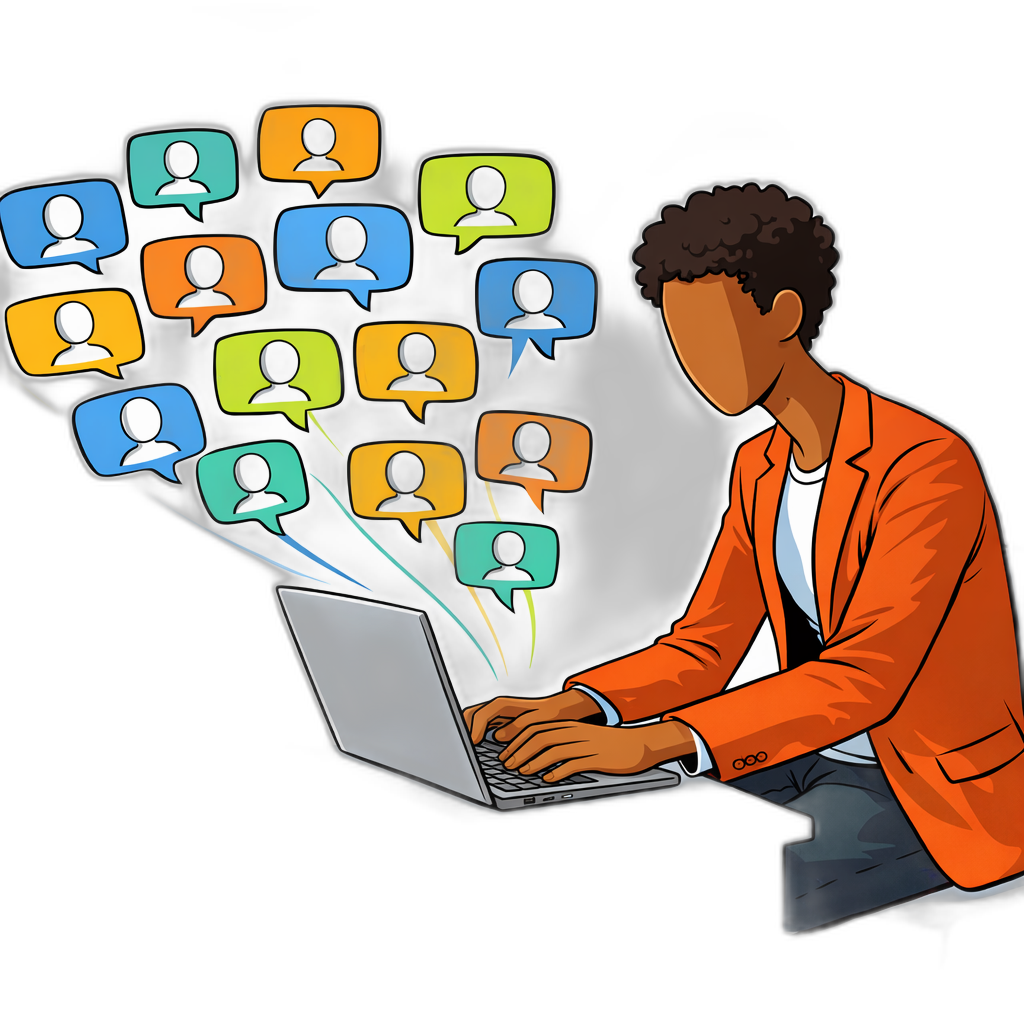 A figure at a laptop with multiple chat bubbles fanning outward, each containing a small silhouette