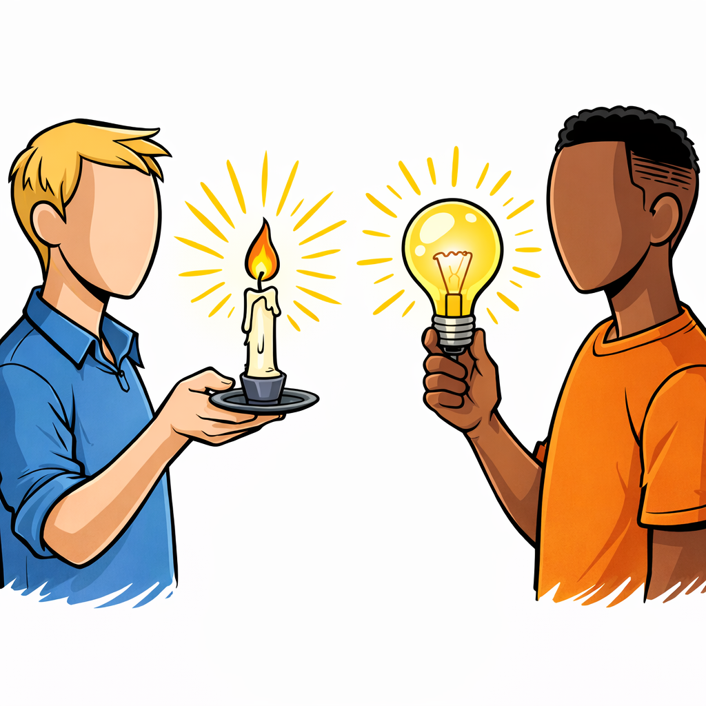Two figures facing each other, one holding a candle and the other a lightbulb