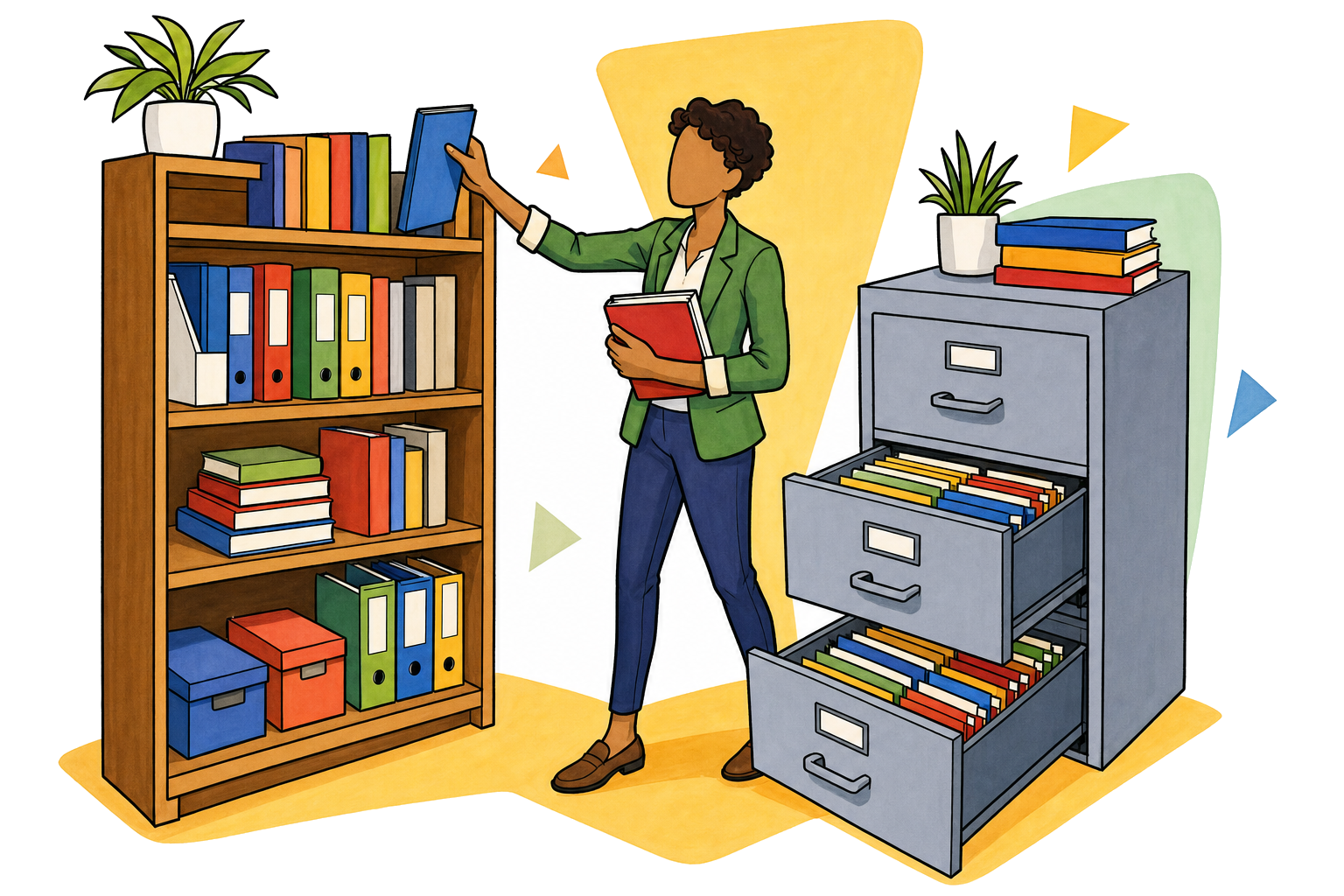 A person organizes books, binders, and folders onto shelves and into a filing cabinet