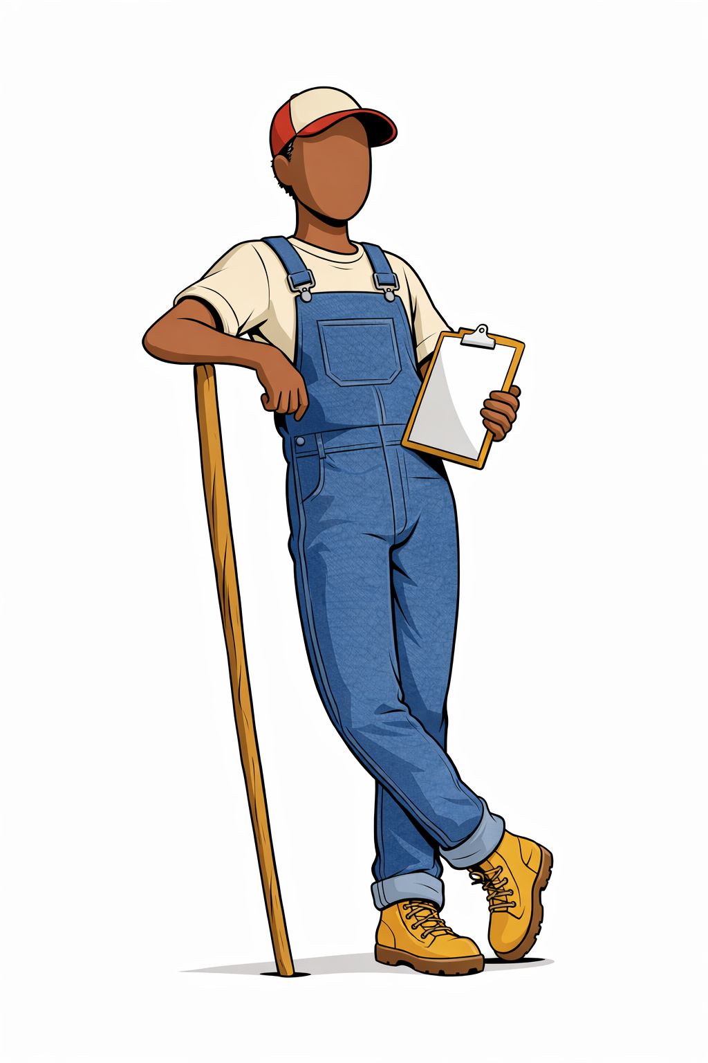 A confident expert figure in overalls leaning on a staff and holding a clipboard