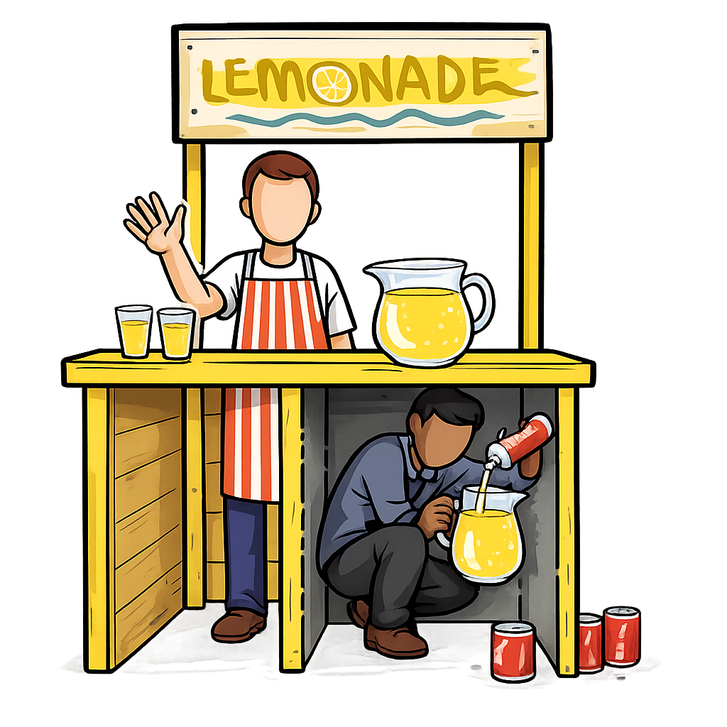 A founder relabeling a competitor's product box with their own logo while a customer hands over a credit card