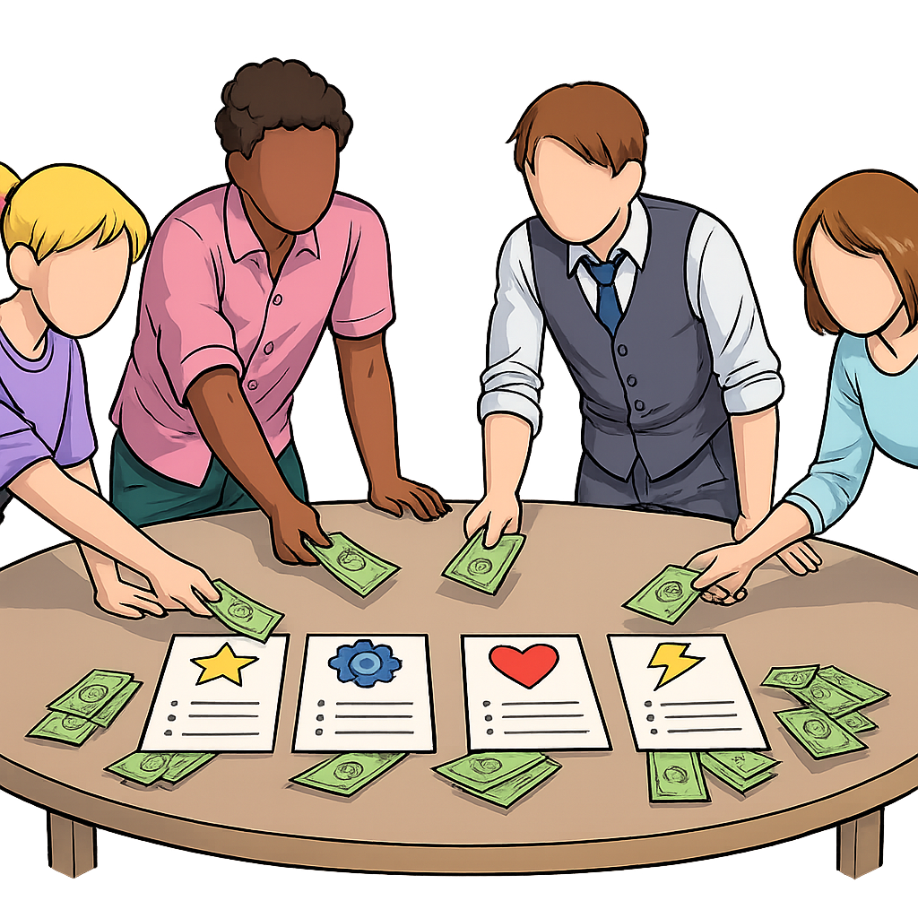 A small group of stakeholders placing colored chips on feature cards spread across a table to allocate a fixed budget