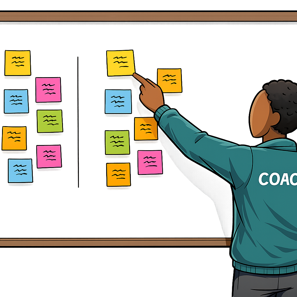 A customer arranging labelled feature cards in a vertical ranking on a table while an interviewer takes notes