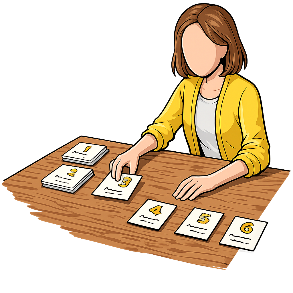 A customer arranging numbered pain-point cards in a vertical priority stack on a table while talking aloud