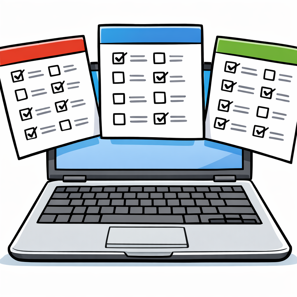 A laptop showing form panels with checkbox grids