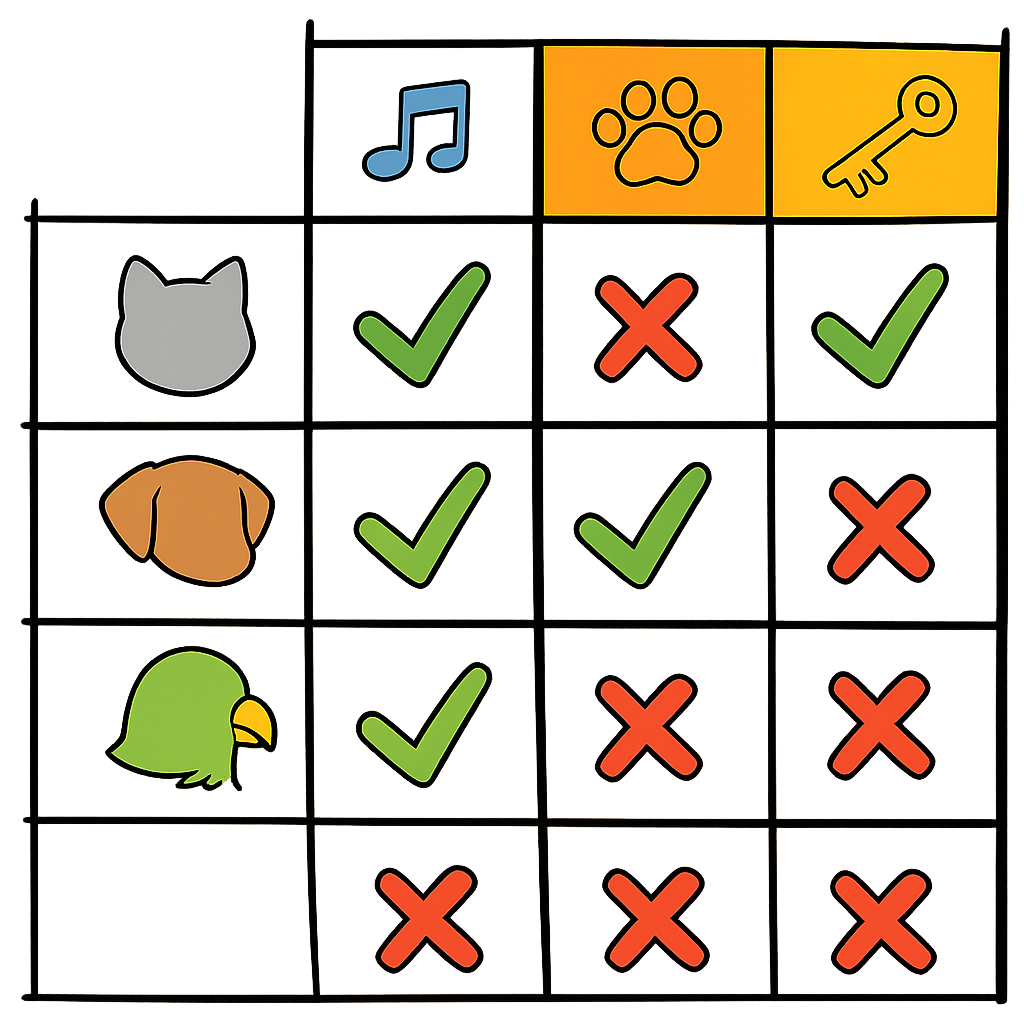 A 4-column by 4-row competitive analysis matrix with feature icons across the top, animal silhouettes (cat, dog, bird) representing competitors down the left, and green checkmarks and red X marks comparing features