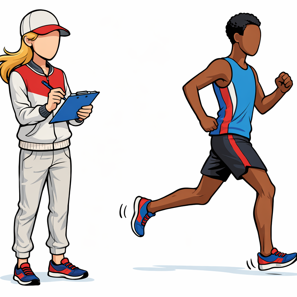An observer with a clipboard taking notes while watching a runner jog past