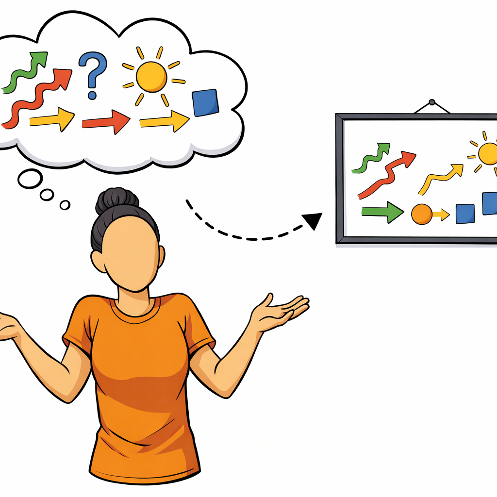 A figure shrugging with a confused thought bubble next to a clearly organized framed picture