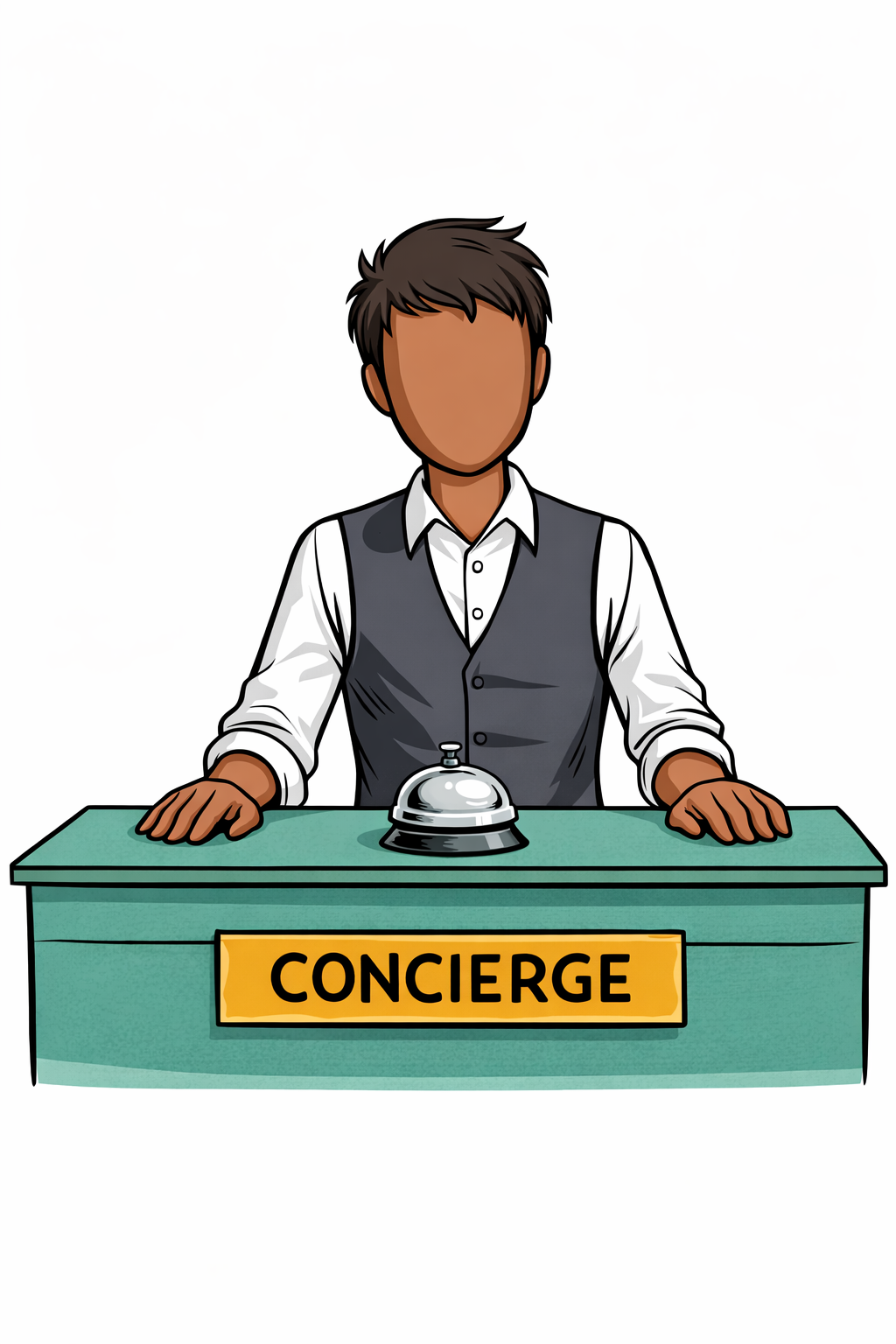 A figure behind a hotel-style concierge desk with a silver service bell
