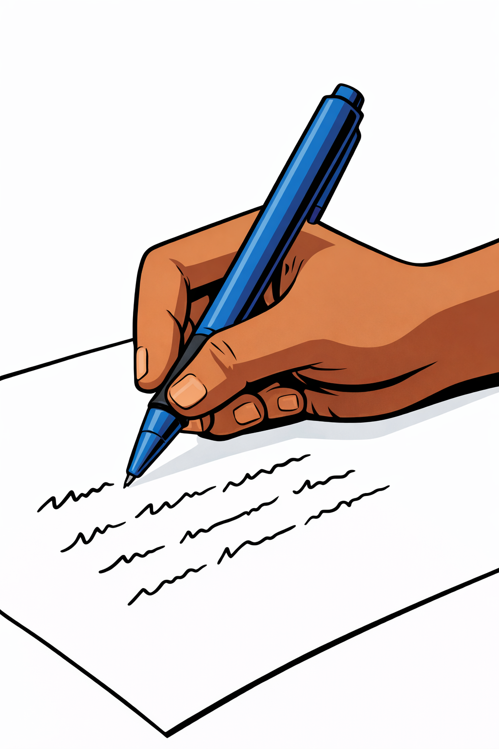 A hand holding a blue pen writing on paper