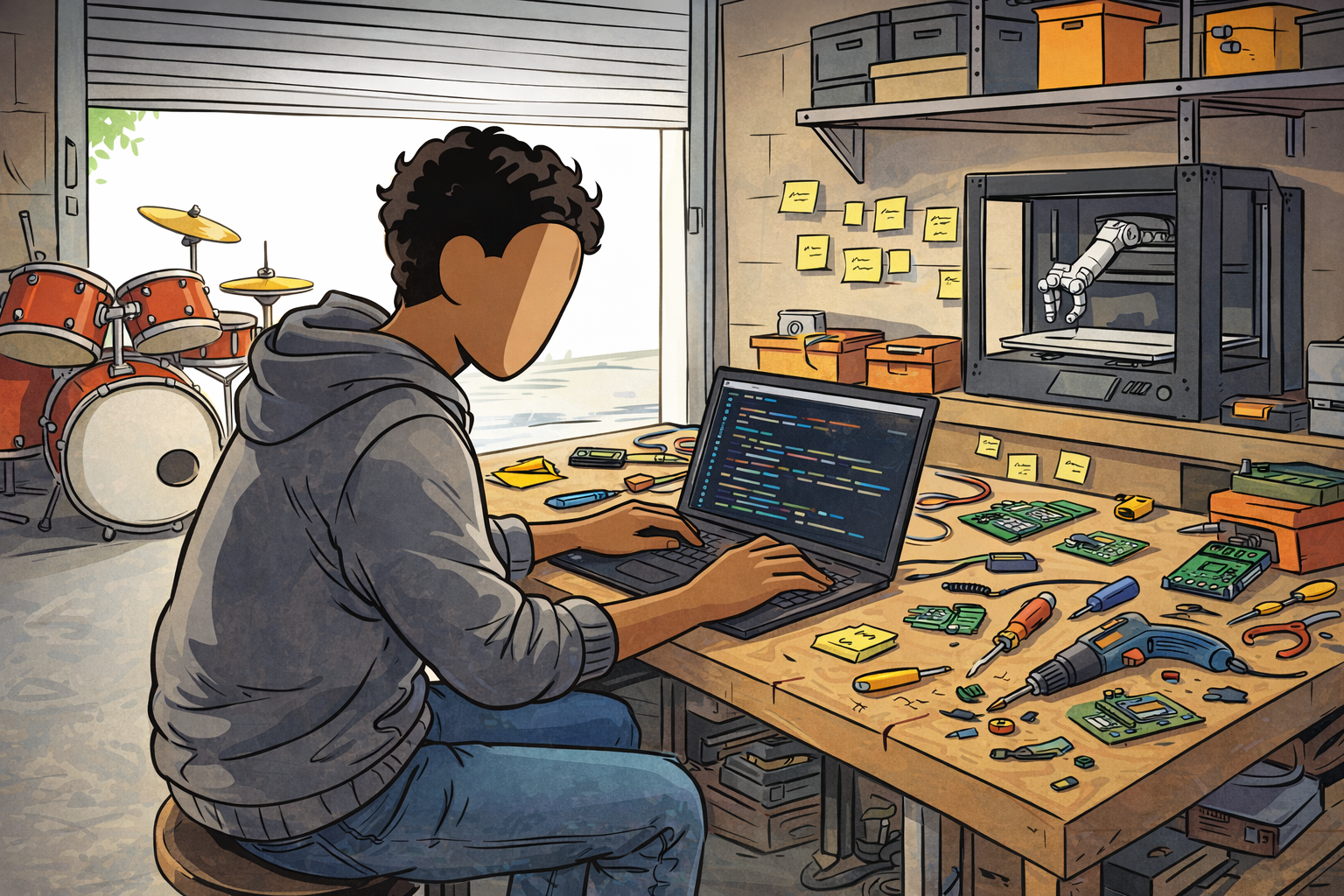 A startup entrepreneur works at a cluttered garage workbench with a laptop, drumset, and 3D printer