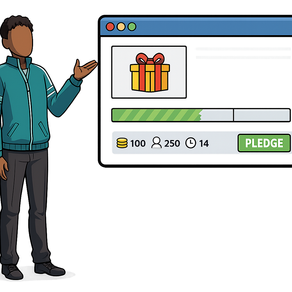 A laptop showing a campaign progress bar climbing past its goal while backers raise hands holding dollar bills toward an unfinished prototype on stage