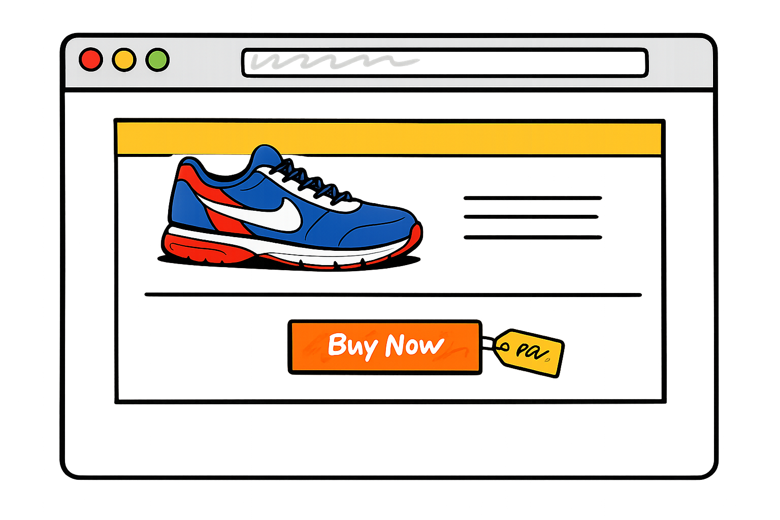 A landing page wireframe inside a browser window: a hero image of a running shoe, a Buy Now CTA button in orange, and a price tag