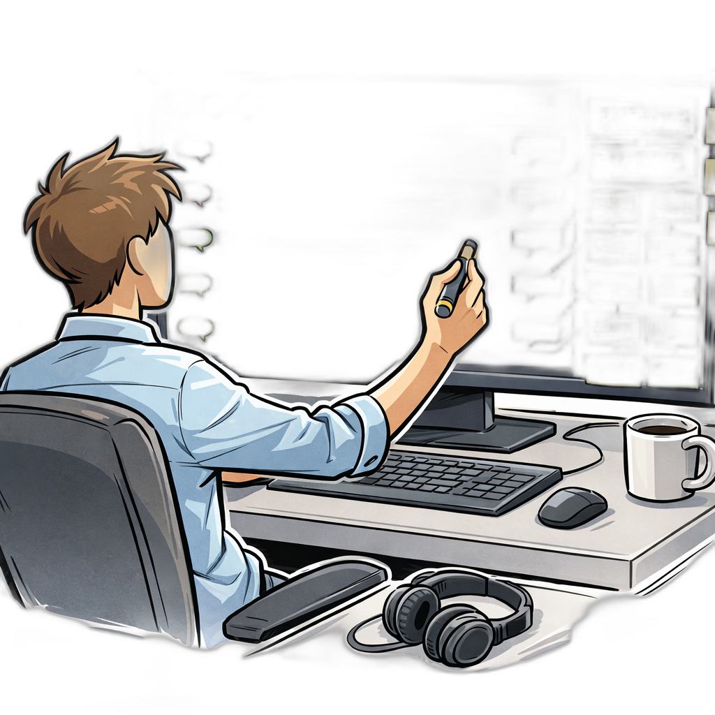 An analyst at a desk reviewing a stack of color-coded support tickets and a sentiment chart on a laptop screen