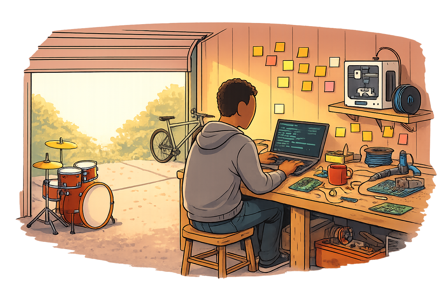 A startup entrepreneur works at a cluttered garage workbench with a laptop, drumset, sticky notes, and a 3D printer mid-print, with a bicycle leaning against the wall