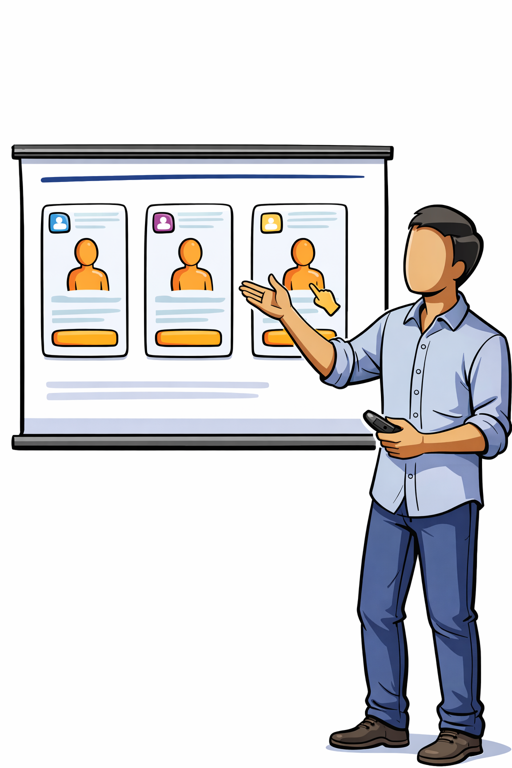 A presenter standing next to a screen showing a product demo