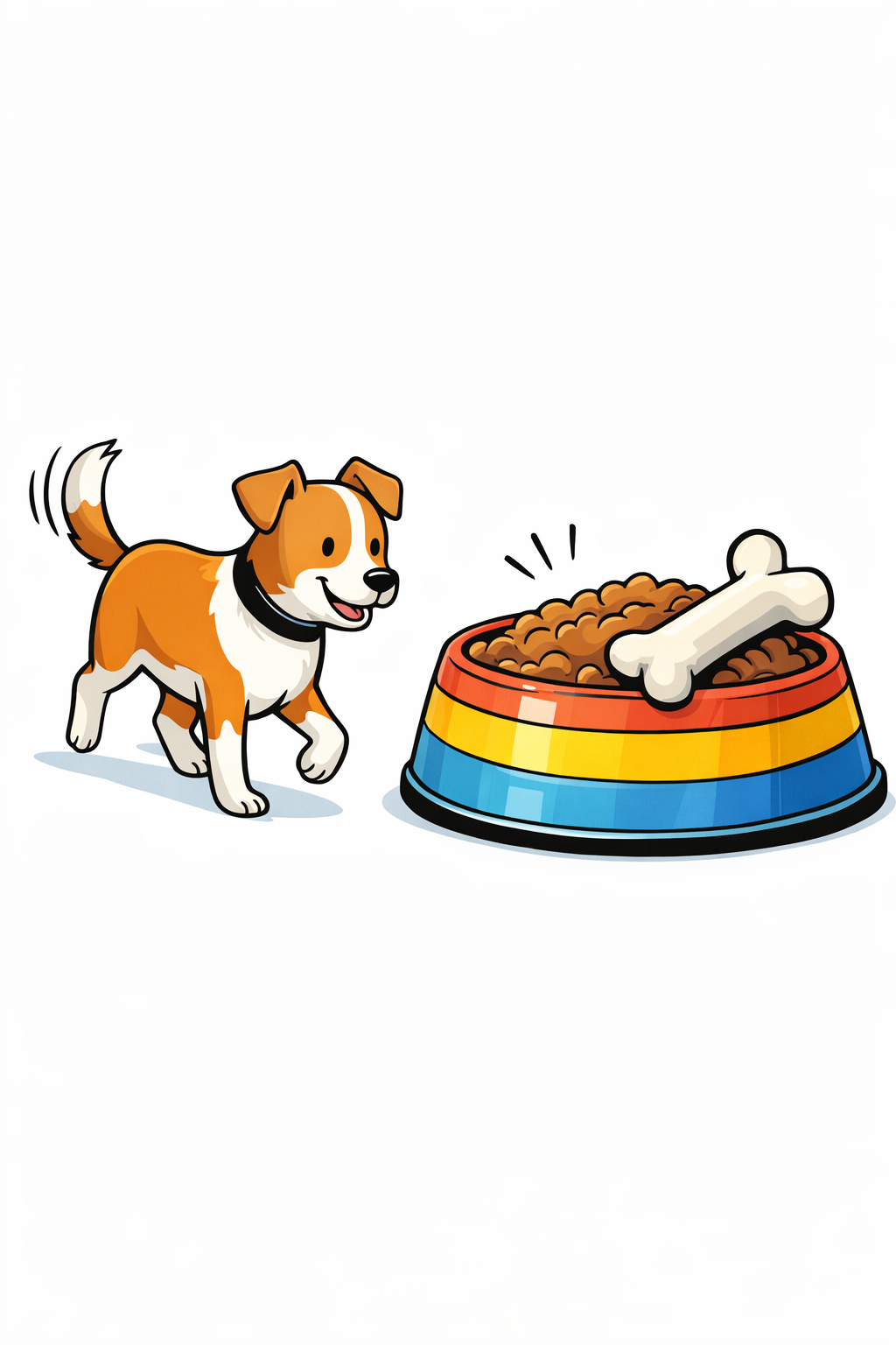 A dog approaching a large colorful dog bowl filled with food and a bone