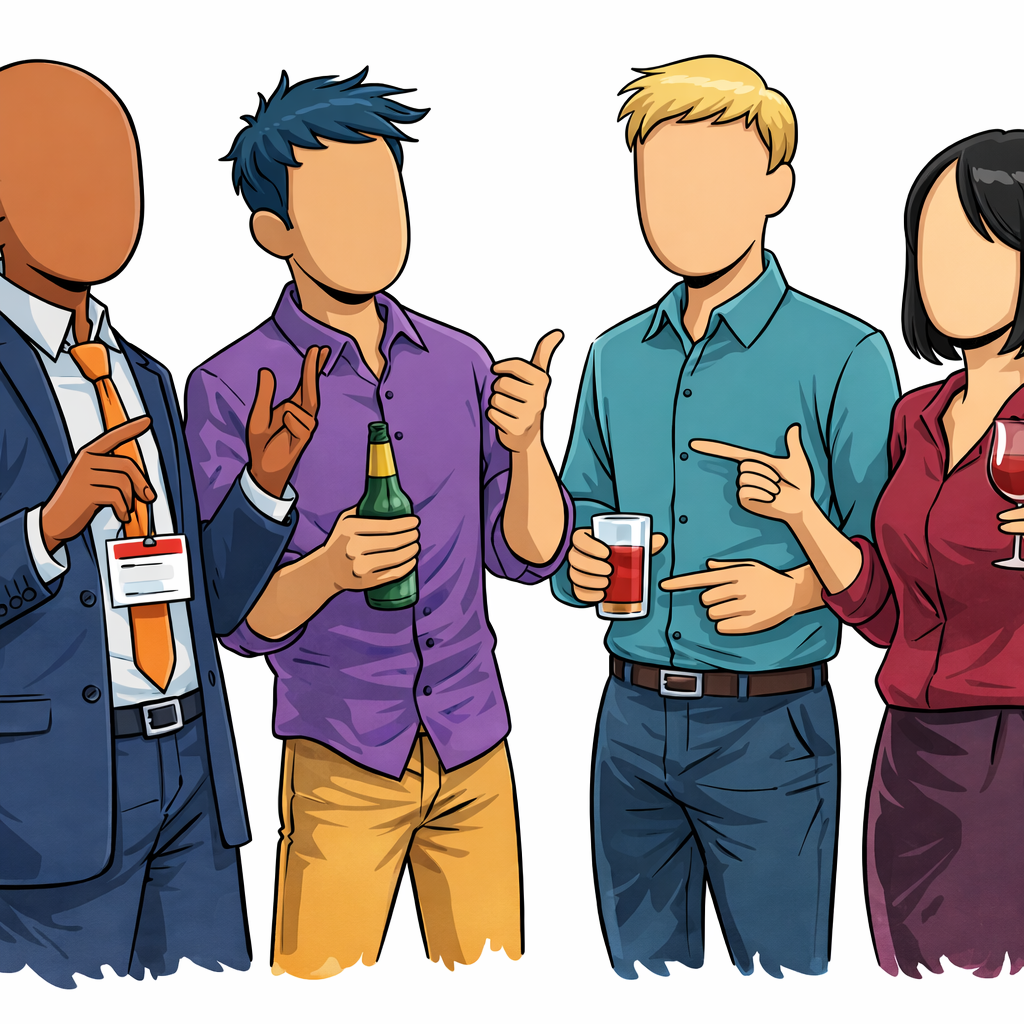 Five diverse people in animated conversation at a networking event