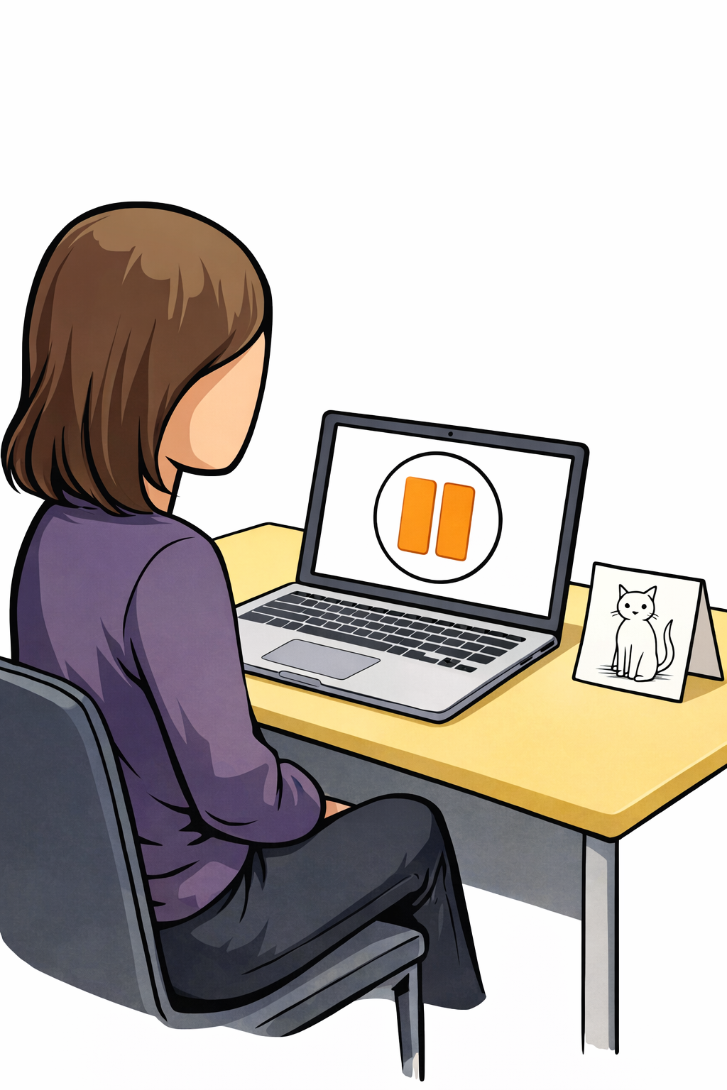 A figure at a desk looking at a laptop with a pause button on screen