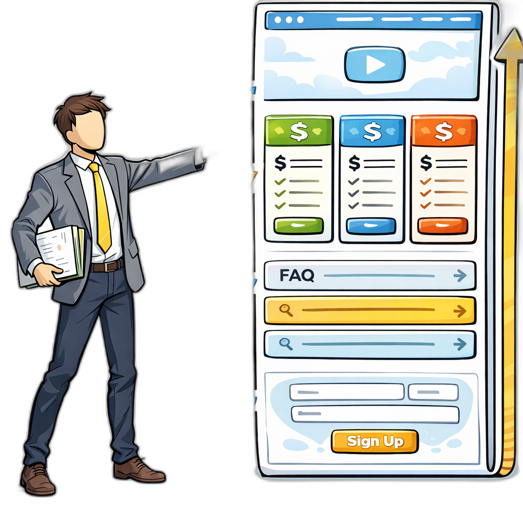 A long scrolling webpage divided into stacked sections of features, pricing tiers, and FAQ blocks with a heatmap overlay showing where visitors stop reading