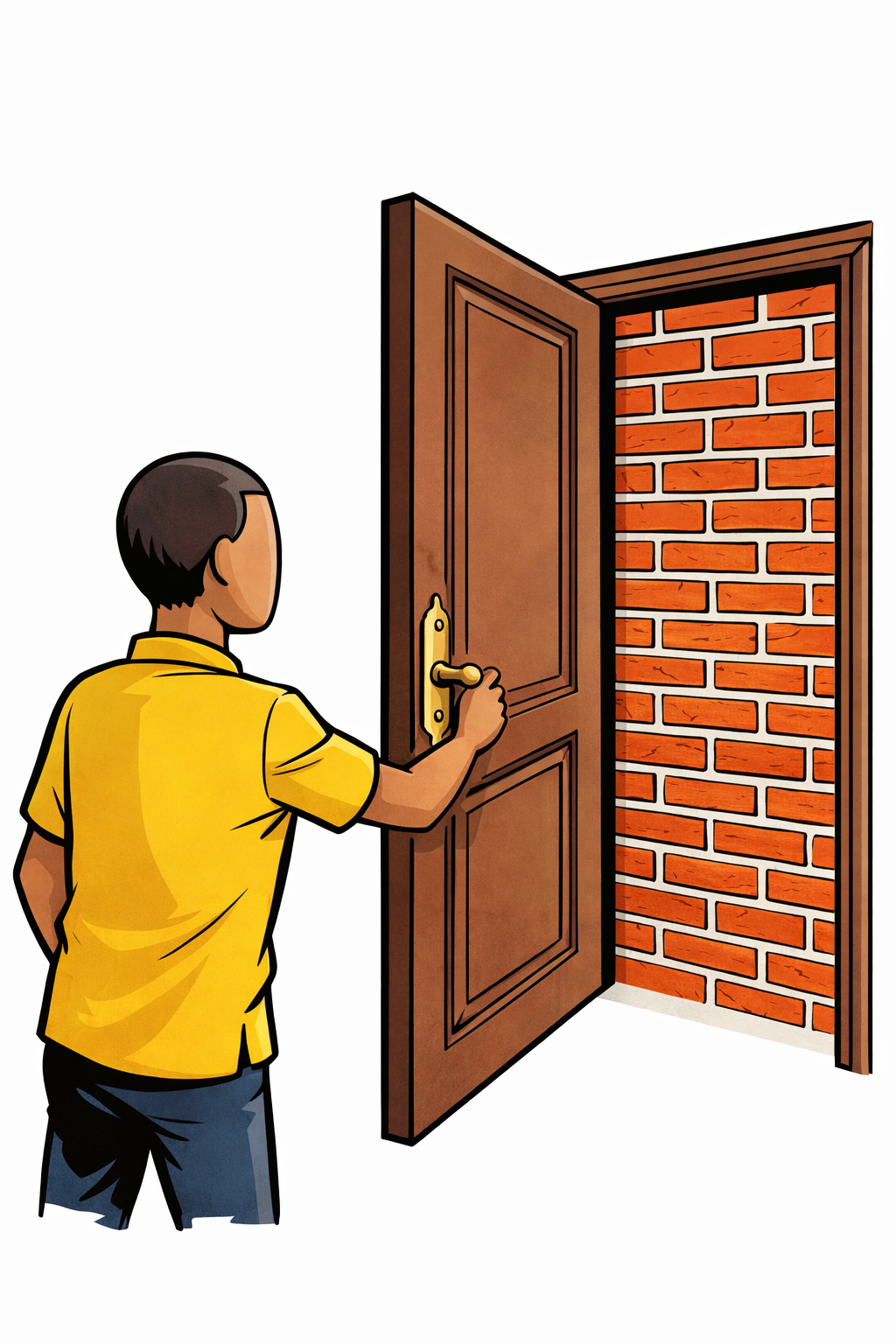 A figure reaching for a door handle that opens to a brick wall